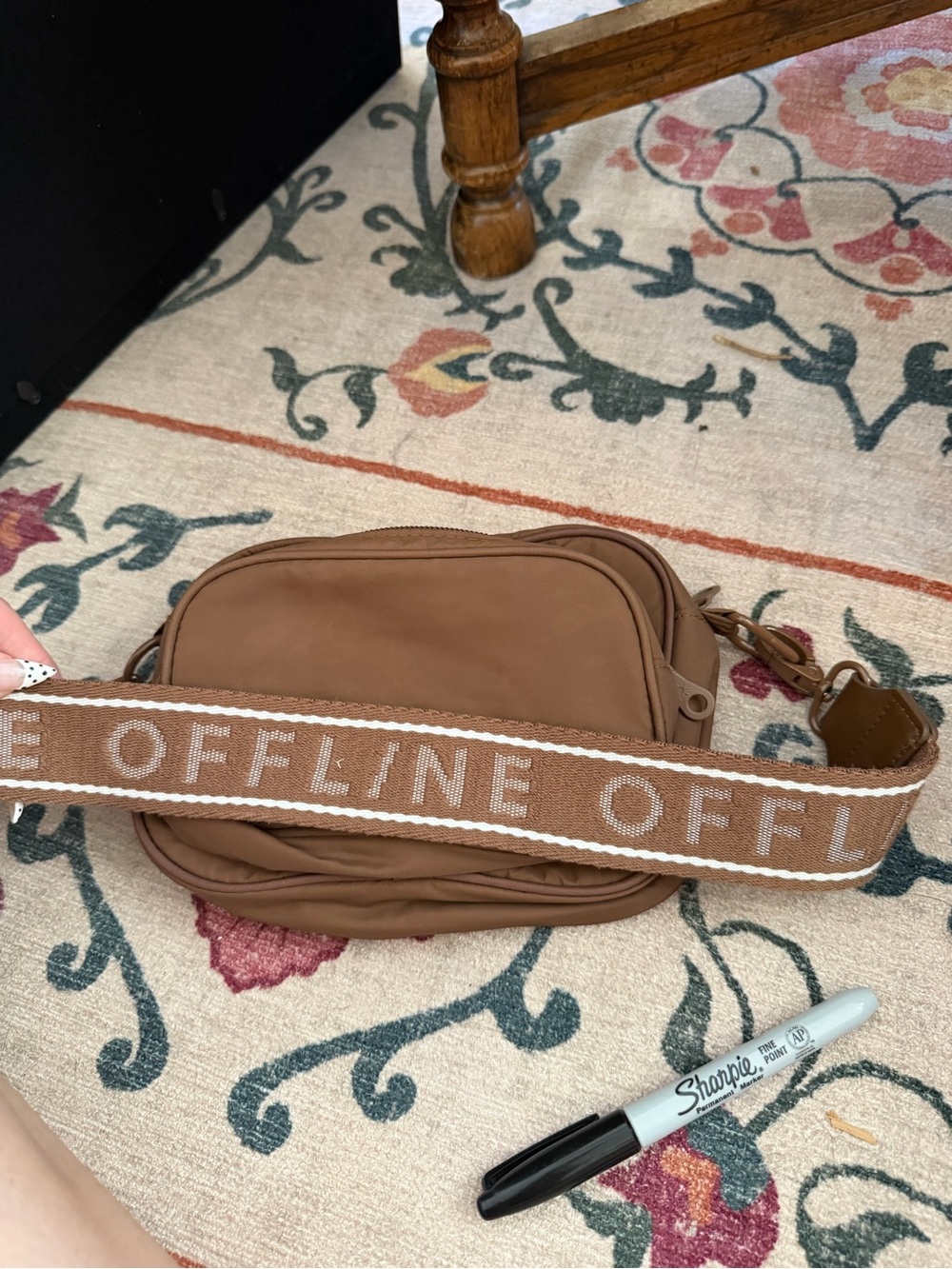 Offline by Aerie Brown Nylon Crossbody Camera Bag Wide Logo Strap